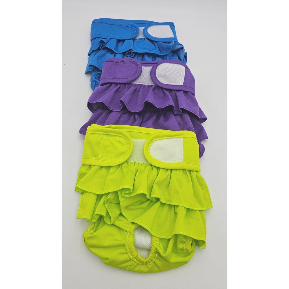 3 Pack Reusable Female Dog Diapers Ruffle Bloomers Size Medium Blue Purple Green